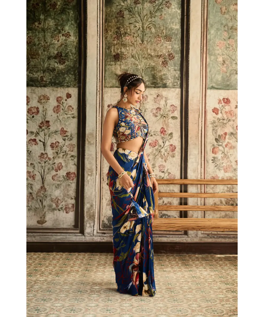 DIYARAJVVIR - Blue Floral Printed Skirt Saree Set